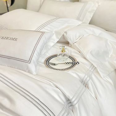 Pure White Pink Luxury Love Home 100% Cotton Lines Embroidery Bedding Set